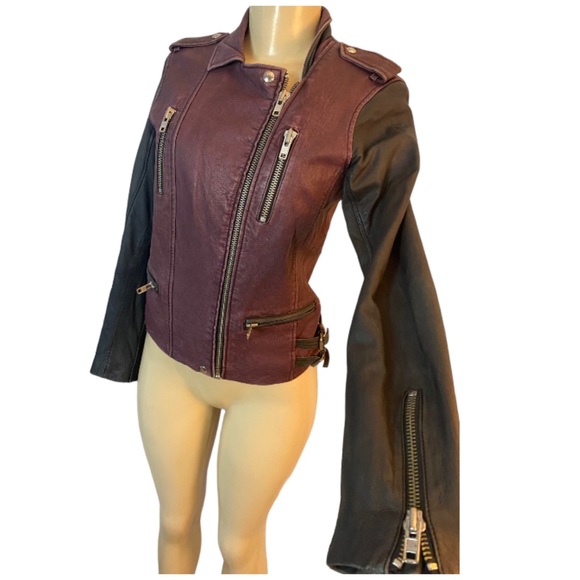IRO Anabela Black Purple Two Tone Color Block Leather Jacket Size Small - Picture 2 of 12